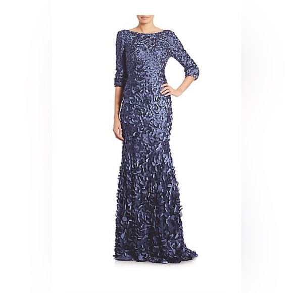 Theia Slate Blue Petal Appliqué boat neck Long sleeve floor Length Formal gown 6 - Picture 1 of 9
